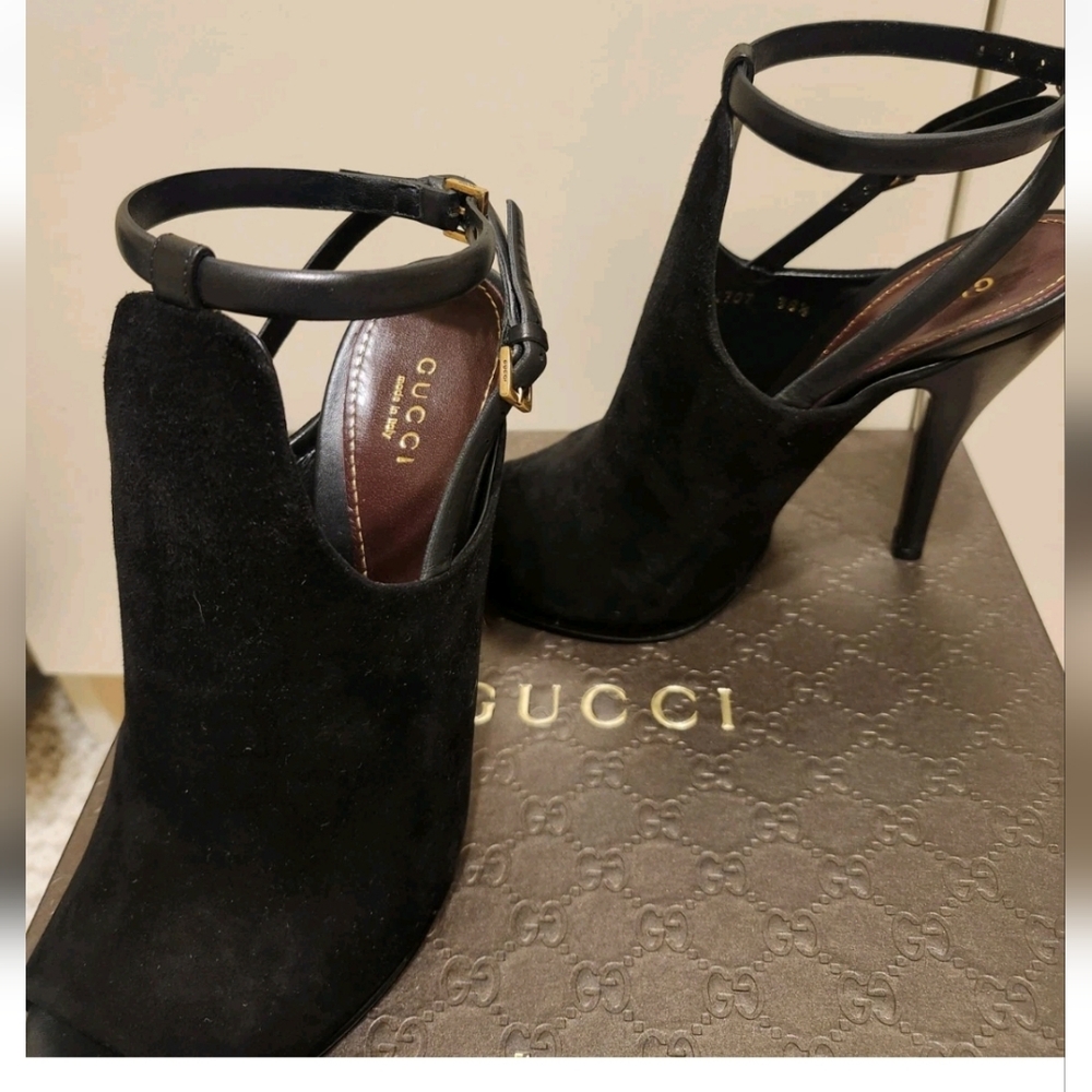 NIB Gucci Blck Suede/Leather Peep Toe Slingback Ankle Strap Pumps Sz.8/38.5 $995 - Picture 8 of 10